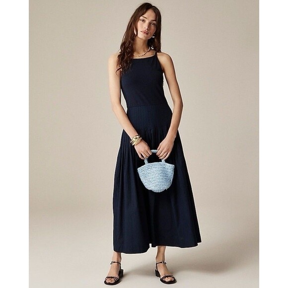 J. Crew Pintuck Mixy Dress Navy Blue Cotton Poplin Maxi Size 2X Beachy Preppy - Picture 1 of 9